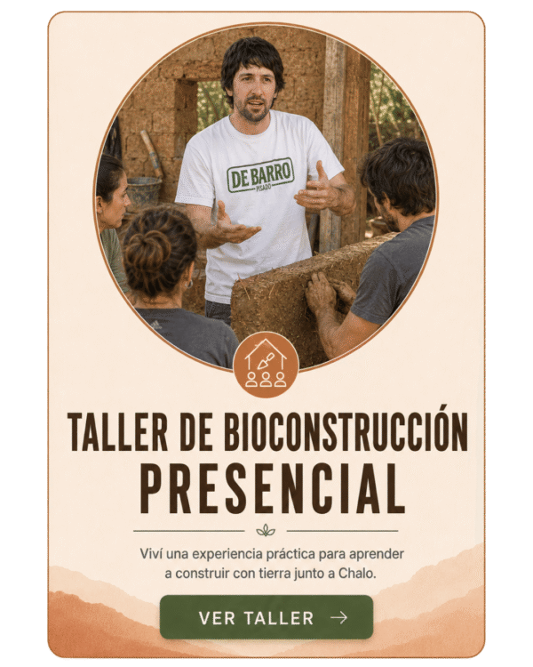 Placa del taller de bioconstrucción presencial, con Chalo Parma enseñando a un grupo