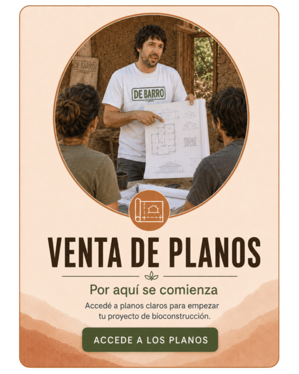 Placa de venta de planos, con Chalo Parma mostrando un plano de casa de barro