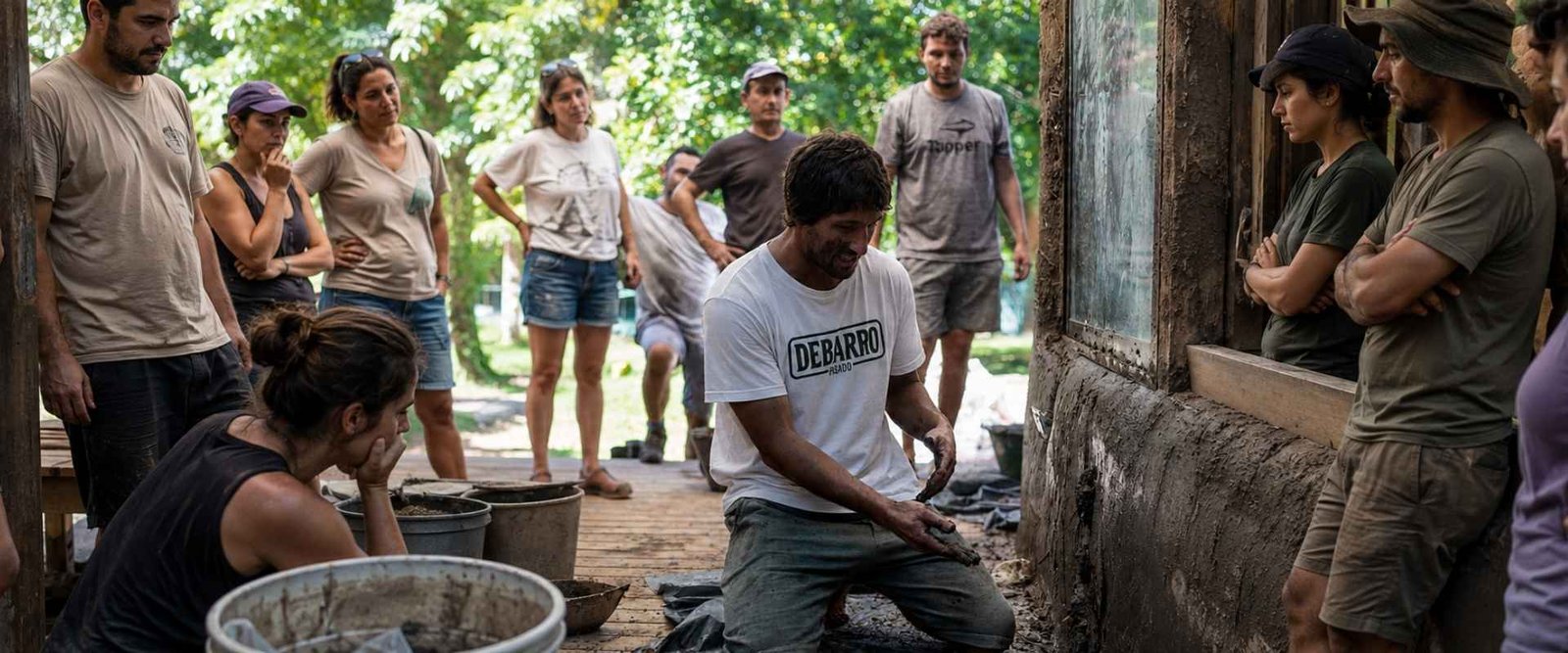 Grupo de personas trabajando el barro durante un taller de bioconstrucción